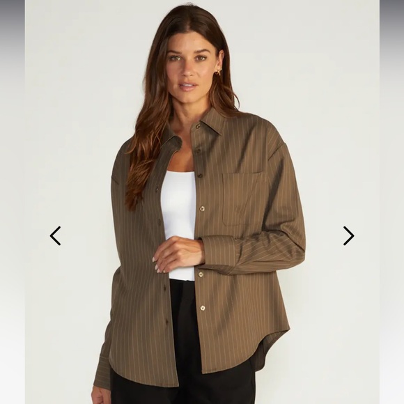 NEW IN BAG BYLT MILLIE RELAXED BUTTON DOWN SHIRT- Striped- Coffee- size S - Picture 1 of 6